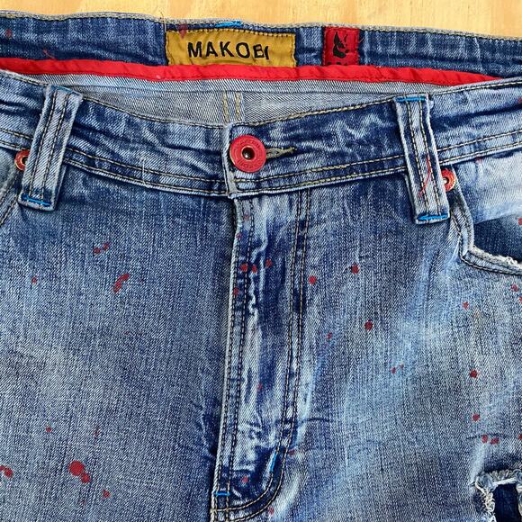 Makobi Biker Jeans Mens Size 38 x 34 Rip & Repair Distressing Paint Splatter - Picture 13 of 15